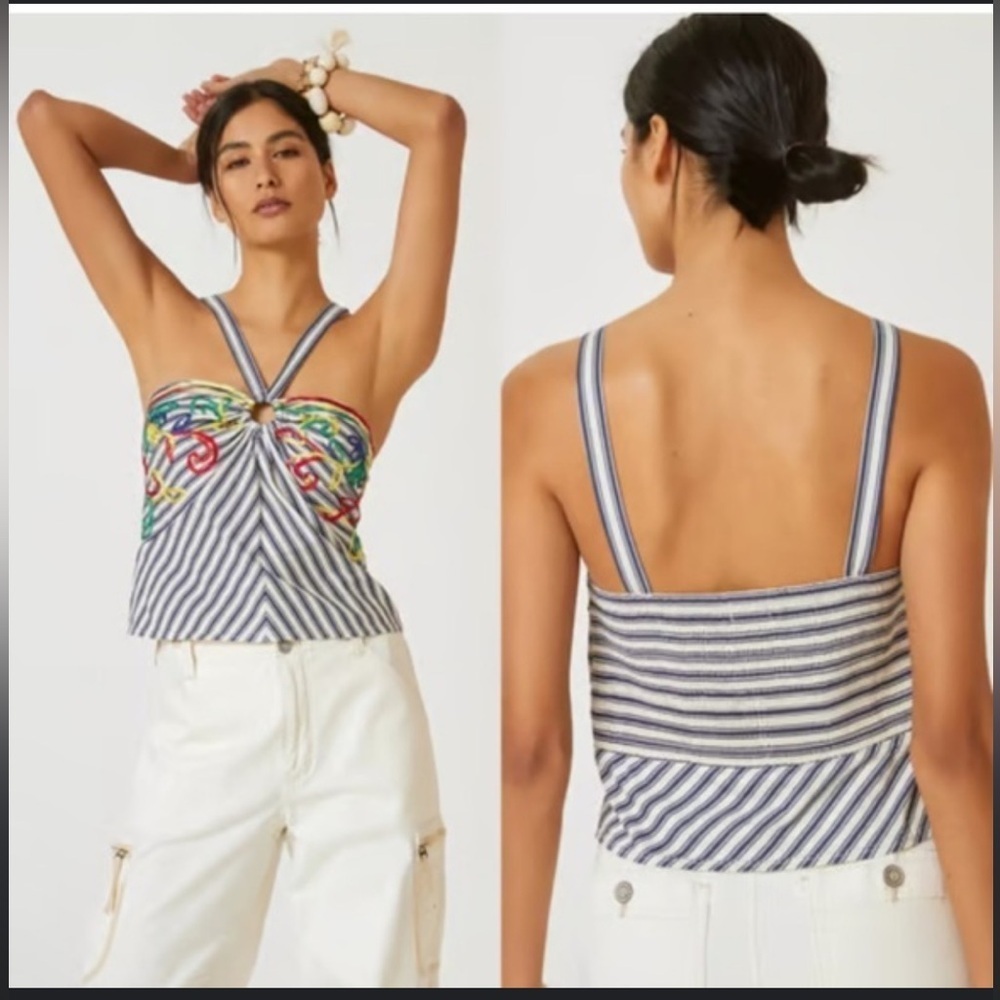 Tiny Anthropologie Navy and Cream Striped Fabric Tank Cropped Smocked Back Tank